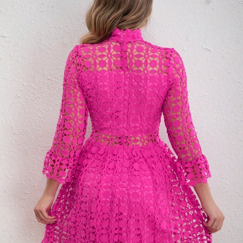 Hot Pink Elegant Women's Long Sleeve Guipure Lace Dress - Picture 3 of 5